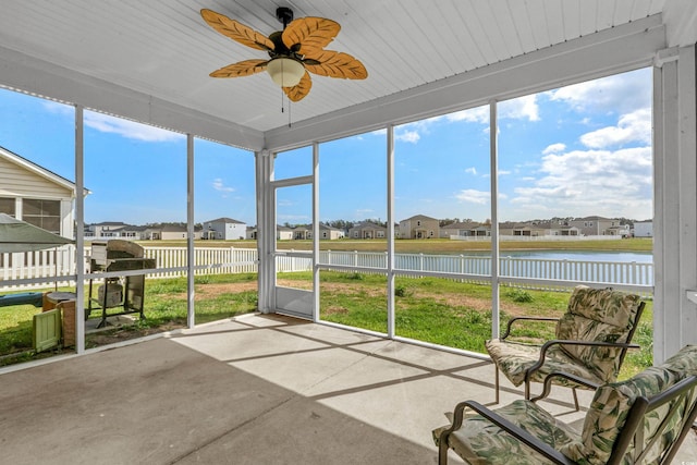 852 Harrison Mill St, Myrtle Beach, SC 29579 - unfurnished sunroom featuring a residential view, a water view, and ceiling fan