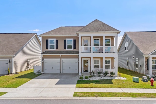 852 Harrison Mill St, Myrtle Beach, SC 29579 - view of front of property with a porch, a balcony, driveway, a front lawn, and roof with shingles