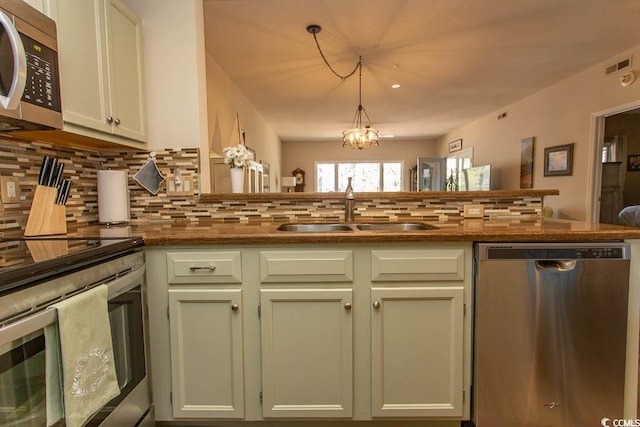 1221 Tidewater Dr Unit 1922, North Myrtle Beach, SC 29582 - kitchen featuring stainless steel appliances, a sink, tasteful backsplash, and dark stone countertops