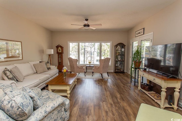 1221 Tidewater Dr Unit 1922, North Myrtle Beach, SC 29582 - living room featuring ceiling fan, wood finished floors, and baseboards