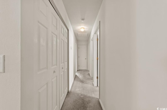 hallway featuring baseboards, carpet floors, and attic access