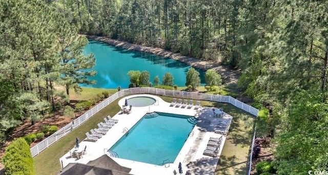 drone / aerial view with a water view