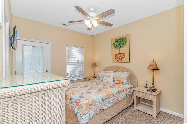 6001-310 S Kings Hwy, Myrtle Beach, SC 29575 - bedroom featuring light colored carpet, ceiling fan, access to exterior, and baseboards