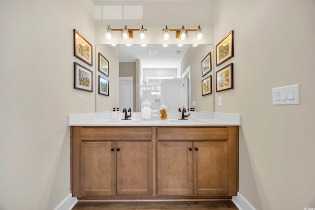 bathroom featuring baseboards, visible vents, double vanity, and a sink