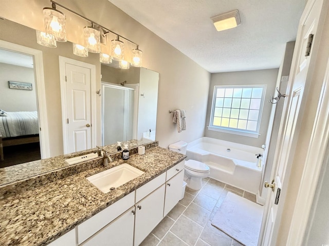 4370 Crepe Myrtle Ct Unit F, Murrells Inlet, SC 29576 - full bath featuring a textured ceiling, a stall shower, vanity, a garden tub, and tile patterned floors