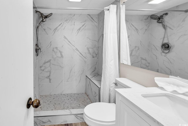 bathroom featuring toilet, a stall shower, and vanity