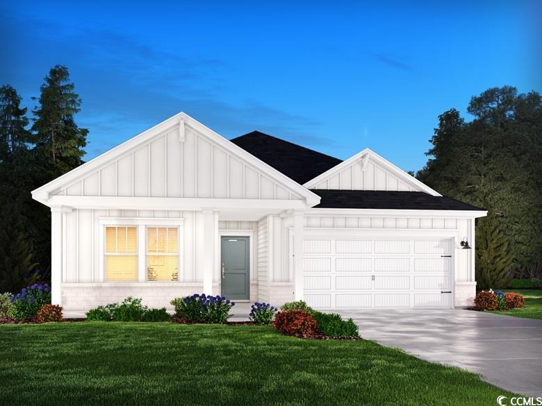 5055 Riverton Ct, Myrtle Beach, SC 29579 - modern farmhouse with board and batten siding, a front lawn, brick siding, a garage, and concrete driveway