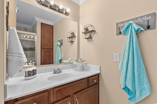 4387 Landing Rd, Little River, SC 29566 - bathroom featuring ornamental molding, vanity, and a stall shower