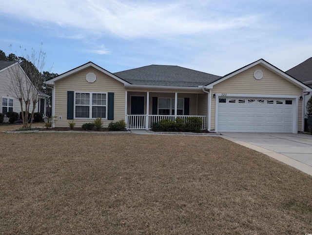 single story home featuring covered porch, an attached garage, concrete driveway, a front lawn, and roof with shingles