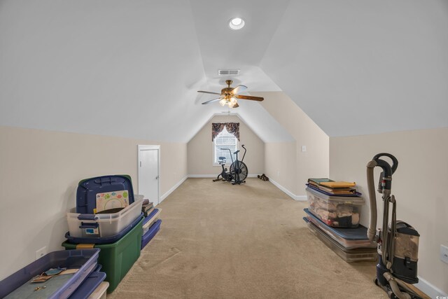 124 Mesa Raven Dr, Longs, SC 29568 - additional living space featuring visible vents, baseboards, ceiling fan, vaulted ceiling, and carpet flooring