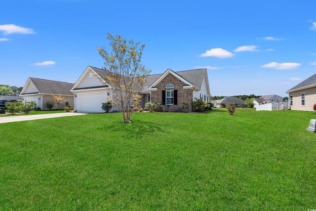 single story home with an attached garage, concrete driveway, a front lawn, and brick siding