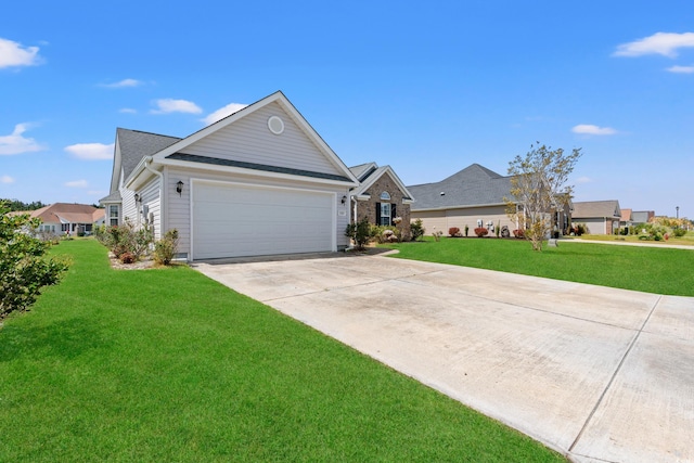 ranch-style home featuring an attached garage, concrete driveway, and a front yard