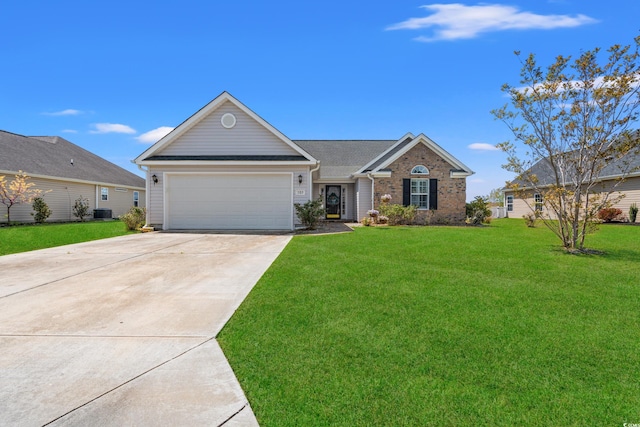 single story home with an attached garage, concrete driveway, a front lawn, and brick siding