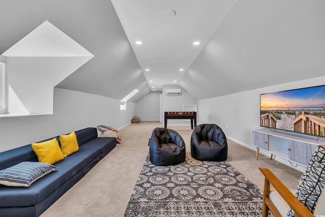 living room with baseboards, carpet, and vaulted ceiling