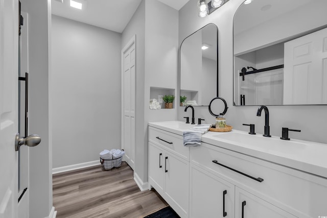 bathroom with baseboards, a sink, wood finished floors, and double vanity