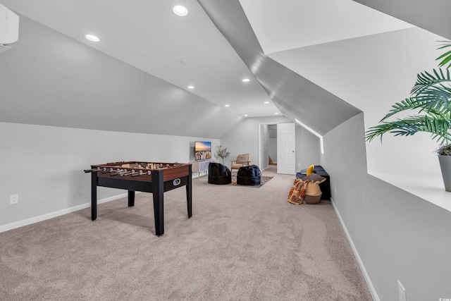 playroom featuring recessed lighting, vaulted ceiling, and carpet