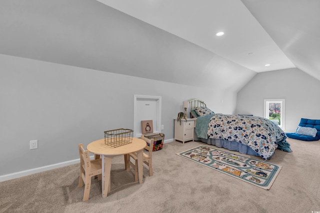 bedroom with baseboards, carpet flooring, recessed lighting, and lofted ceiling