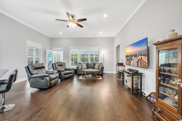1478 Suncrest Dr, Myrtle Beach, SC 29577 - living room with ceiling fan, dark wood-style flooring, crown molding, baseboards, and recessed lighting