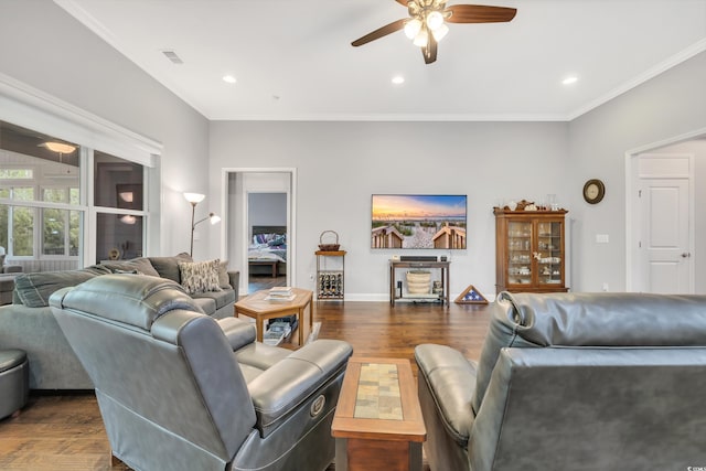 1478 Suncrest Dr, Myrtle Beach, SC 29577 - living area featuring a ceiling fan, dark wood-style flooring, crown molding, recessed lighting, and baseboards