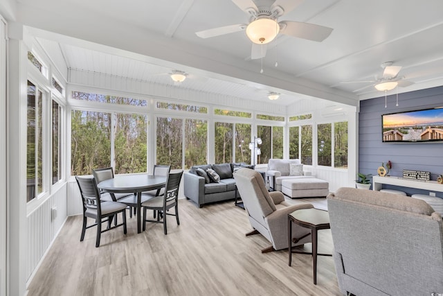 1478 Suncrest Dr, Myrtle Beach, SC 29577 - sunroom / solarium featuring outdoor lounge area, a ceiling fan, outdoor dining area, beamed ceiling, and wood finished floors