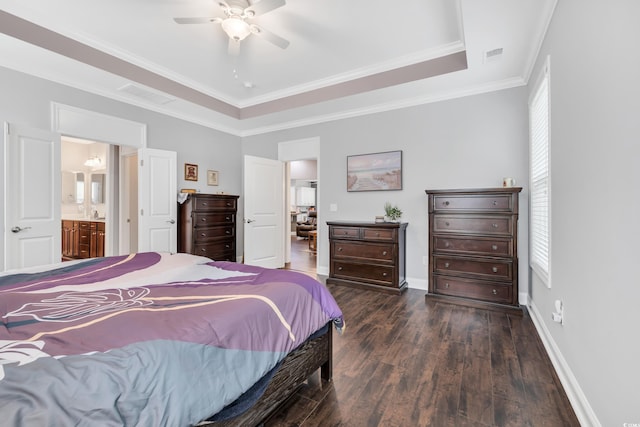 1478 Suncrest Dr, Myrtle Beach, SC 29577 - bedroom featuring dark wood-type flooring, baseboards, a tray ceiling, ornamental molding, and a ceiling fan