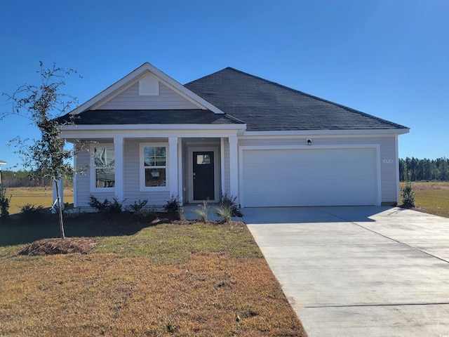 193 Country Grove Way, Galivants Ferry, SC 29544 - ranch-style house with roof with shingles, concrete driveway, a front lawn, and a garage