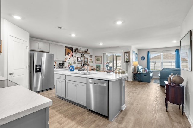 kitchen with gray cabinets, light countertops, visible vents, appliances with stainless steel finishes, and a sink