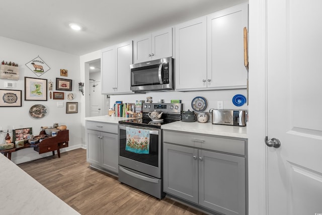 kitchen with gray cabinets, light countertops, wood finished floors, and appliances with stainless steel finishes