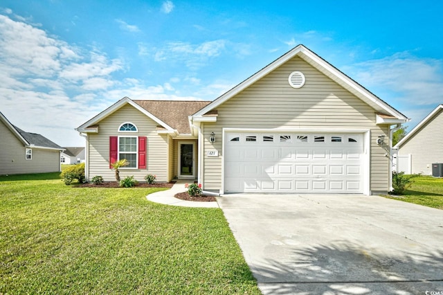 621 Bathurst Dr, Myrtle Beach, SC 29579 - ranch-style home with a garage, a front lawn, concrete driveway, and central AC unit