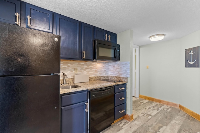 9550 Shore Dr Unit 1518, Myrtle Beach, SC 29572 - kitchen with black appliances, a sink, blue cabinets, tasteful backsplash, and a textured ceiling