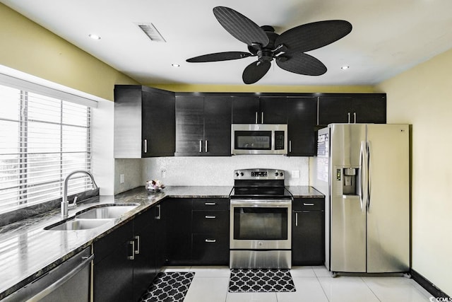 kitchen featuring decorative backsplash, visible vents, stainless steel appliances, a sink, and dark cabinetry