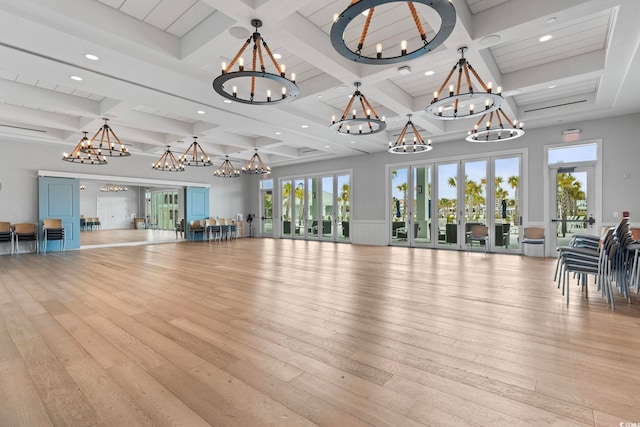 5885 Ledro Ln, Myrtle Beach, SC 29572 - workout area featuring a chandelier, coffered ceiling, light wood-style floors, beamed ceiling, and recessed lighting