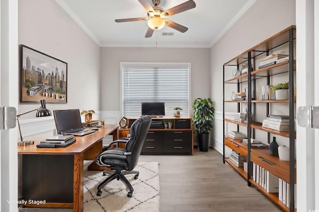 5885 Ledro Ln, Myrtle Beach, SC 29572 - office area featuring a ceiling fan, ornamental molding, and light wood-type flooring