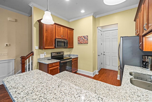 2790 Howard Ave Unit D, Myrtle Beach, SC 29577 - kitchen with electric range, stainless steel microwave, dark wood-type flooring, ornamental molding, and baseboards