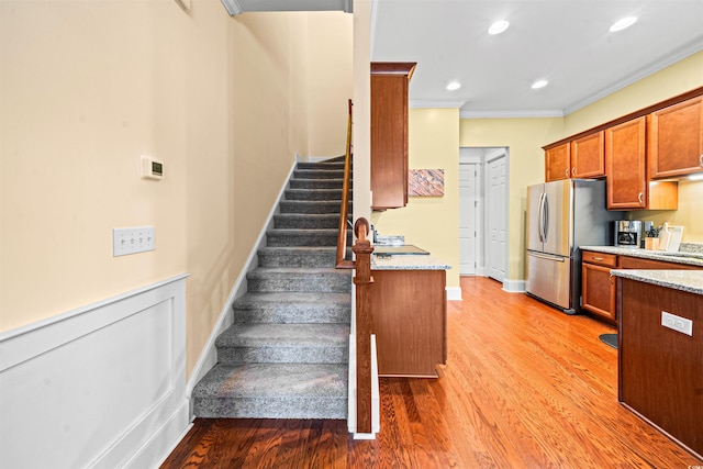 2790 Howard Ave Unit D, Myrtle Beach, SC 29577 - stairs featuring crown molding, wood finished floors, recessed lighting, and baseboards