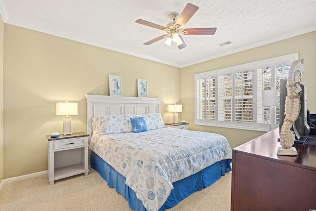 601 Hillside Dr N Unit 2305, North Myrtle Beach, SC 29582 - bedroom with light colored carpet, ornamental molding, ceiling fan, and baseboards
