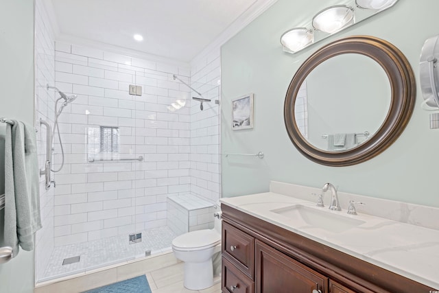 full bathroom with vanity, crown molding, toilet, tile patterned floors, and a stall shower