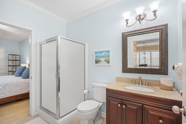 ensuite bathroom with crown molding, vanity, a shower stall, and connected bathroom