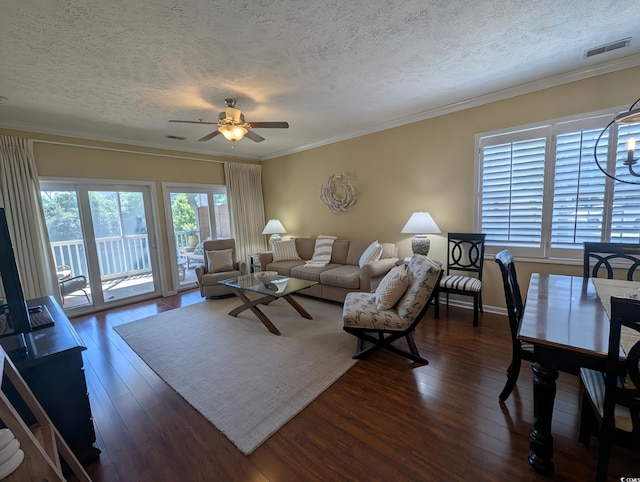 601 Hillside Dr N Unit 2305, North Myrtle Beach, SC 29582 - living area featuring a ceiling fan, dark wood-style floors, a textured ceiling, and ornamental molding
