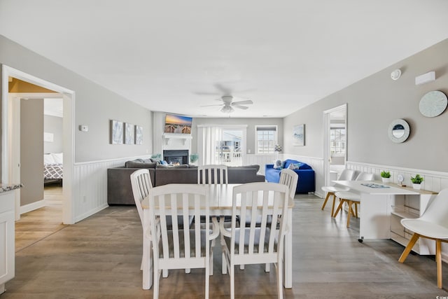 dining space with ceiling fan, a warm lit fireplace, a wainscoted wall, and light wood finished floors