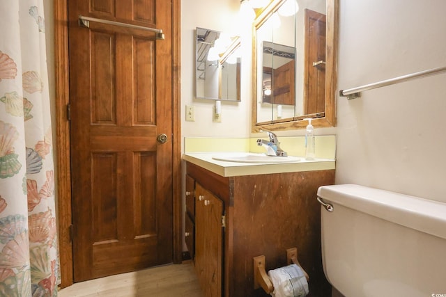 bathroom featuring toilet, vanity, and wood finished floors