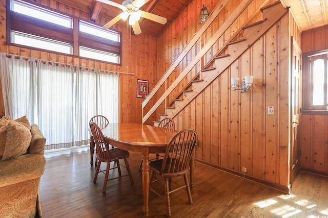 dining room featuring wood walls, plenty of natural light, hardwood / wood-style flooring, and beam ceiling