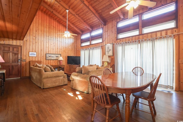 dining area featuring hardwood / wood-style floors, wooden ceiling, ceiling fan, and beamed ceiling
