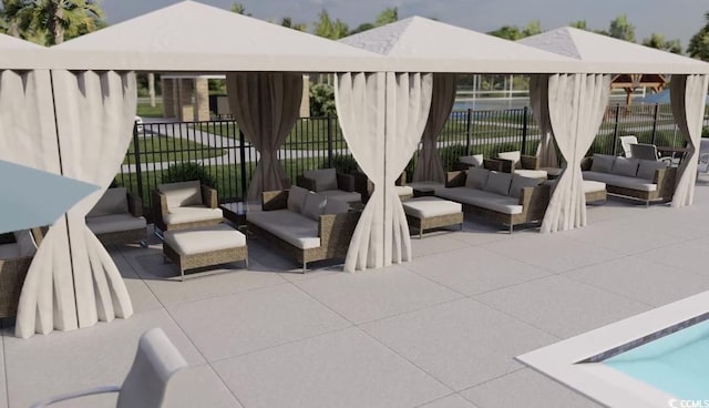 view of patio with an outdoor living space, a gazebo, and fence