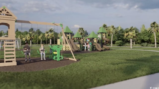 community jungle gym with a lawn