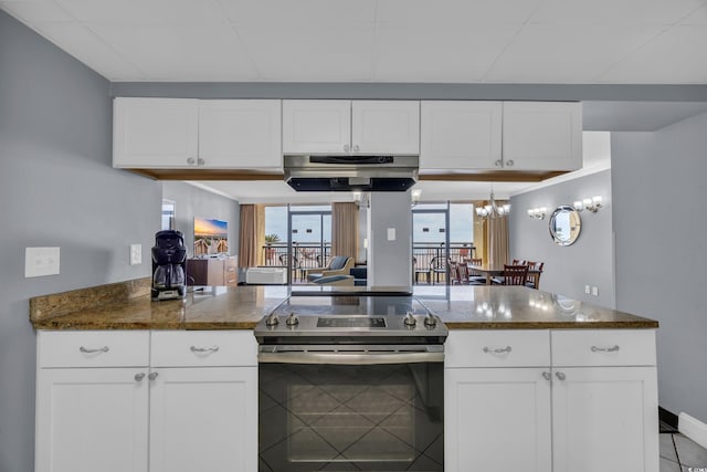 kitchen featuring stainless steel electric stove, under cabinet range hood, and white cabinetry