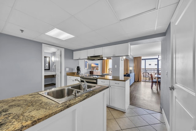 kitchen featuring a sink, under cabinet range hood, white cabinets, light tile patterned floors, and a peninsula