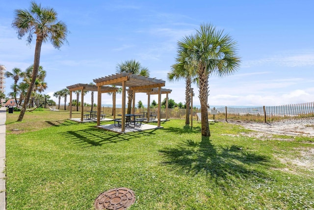 surrounding community with a pergola and a water view