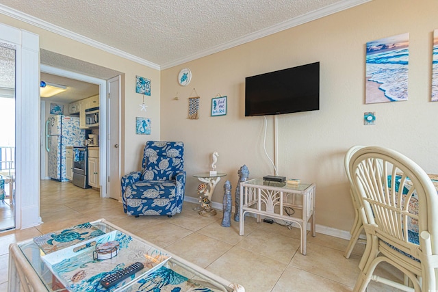 200 76th Ave N Unit 1211, Myrtle Beach, SC 29572 - living room featuring a textured ceiling, tile patterned floors, crown molding, and baseboards