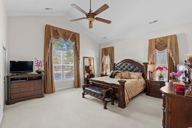 5628 Marion Cir, Myrtle Beach, SC 29577 - bedroom featuring lofted ceiling, light colored carpet, and a ceiling fan